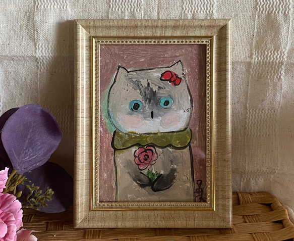 絵画。原画手描【シャム猫は花市場に行って花を1輪買った】