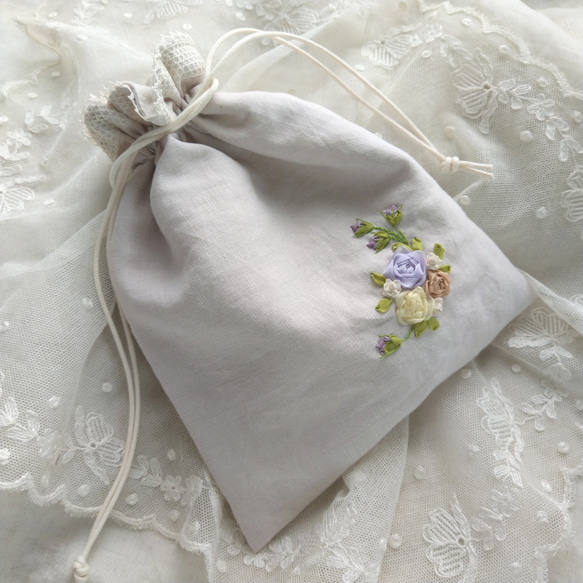 sale 薔薇*リボン刺繍*巾着*ポーチ*リネン*ピンク*アンティークレース