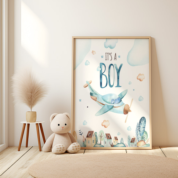 可愛い 飛行機と家のイラスト ベービーシャワー it’s a boy インテリアポスター / 180