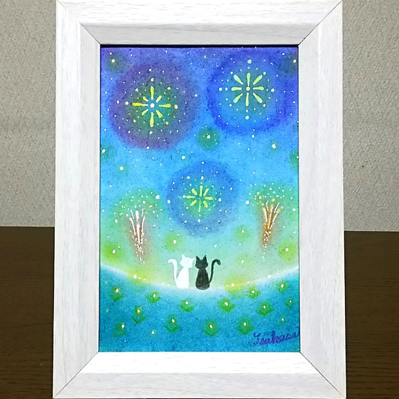 パステルアート　猫のカップルと夏の花火　パステル画原画