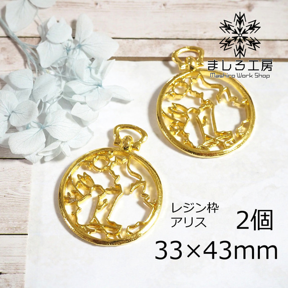 2個 レジン枠 33×43mm ゴールド 不思議の国のアリス 空枠 レジン ハンドメイド  【M183】