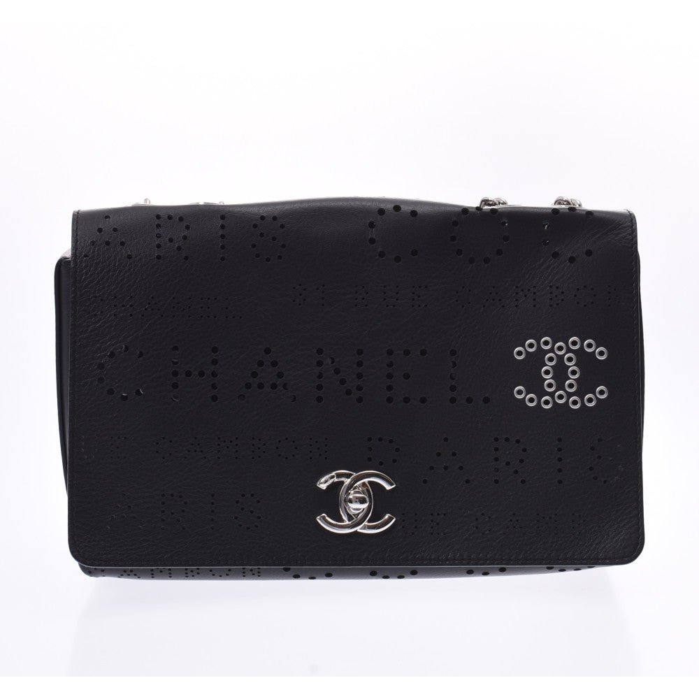 CHANEL シャネル パンチング　チェーンショルダー 黒 シルバー金具 レディース カーフ ショルダーバッグ Aランク 中古 