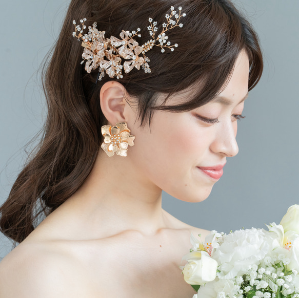 お花モチーフ　ウェディング　ヘアアクセサリー  ヘッドドレス  ヘッドピース　ブライダル　ゴールド　ボタニカル