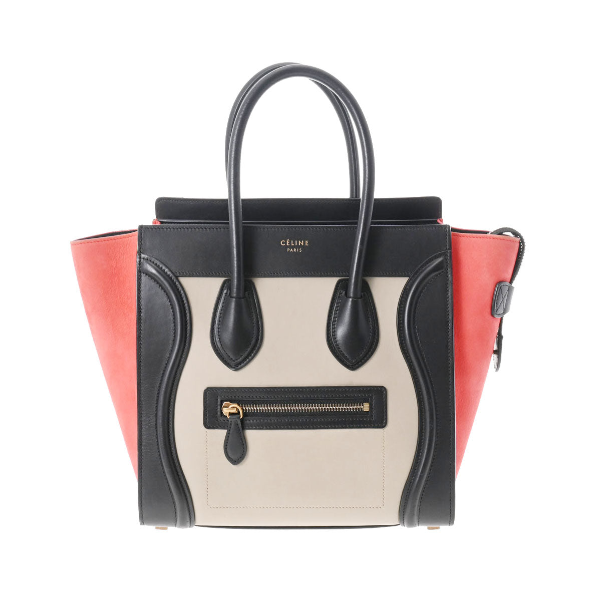 CELINE セリーヌ ラゲージ マイクロショッパー トリコロール 黒/赤/グレー ゴールド金具 レディース カーフ ハンドバッグ ABランク 中古 