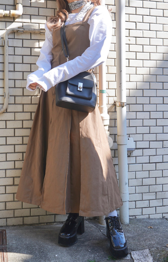 2type Strap Box Pleats Long Onepiece (brown) ロング丈ワンピース ブラウン