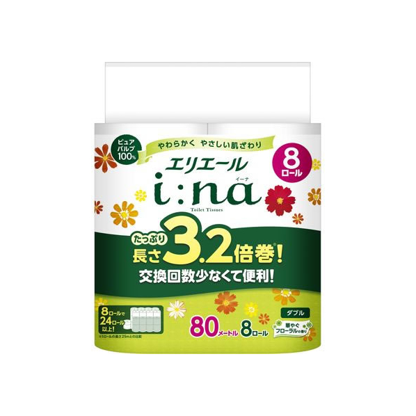 大王製紙 エリエール イーナ トイレットティシュー 3.2倍巻 ダブル 8ロール FC789NV-142773