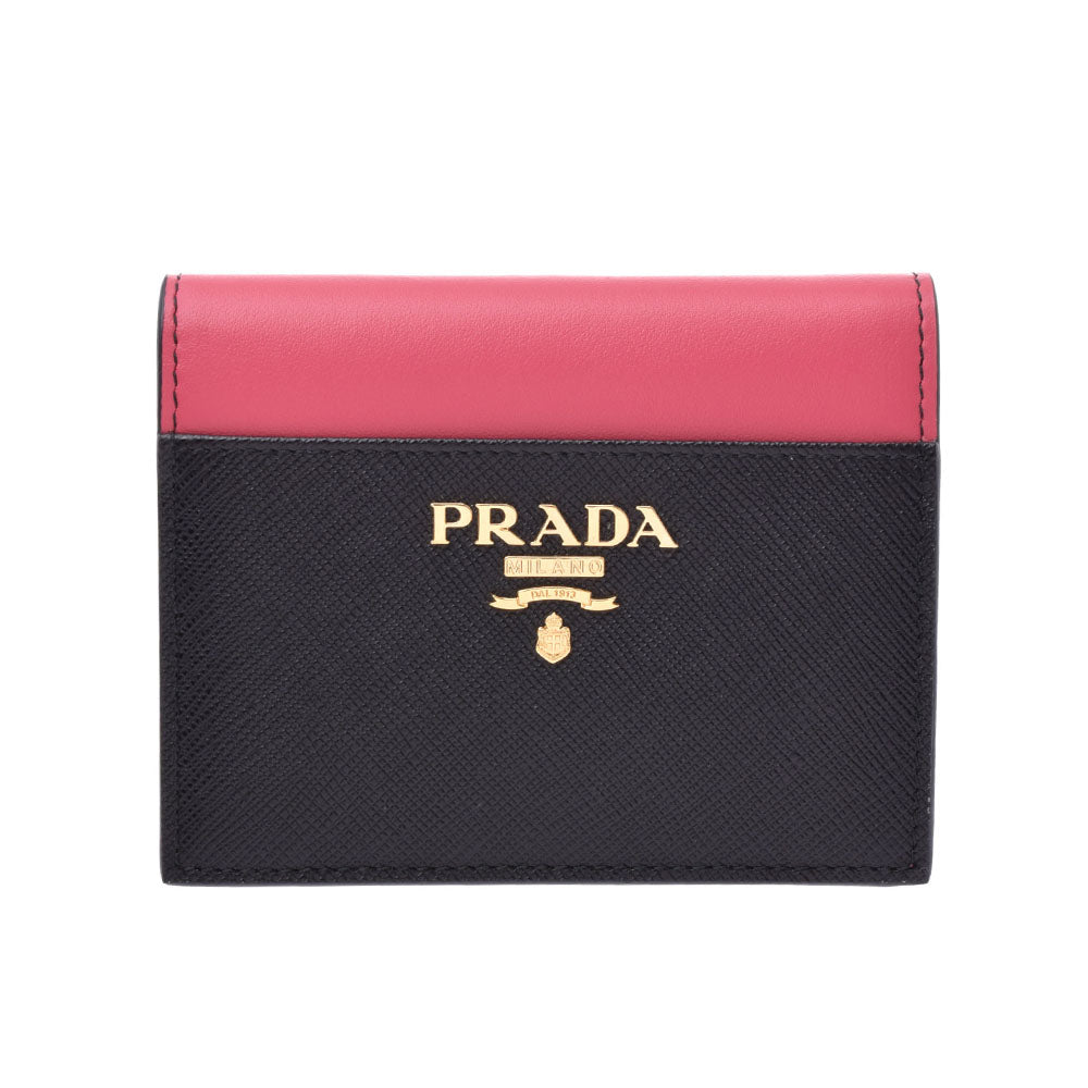 PRADA プラダコンパクトウォレット バイカラー  黒/ピンク レディース サフィアーノ/カーフ 二つ折り財布 1MV204  中古