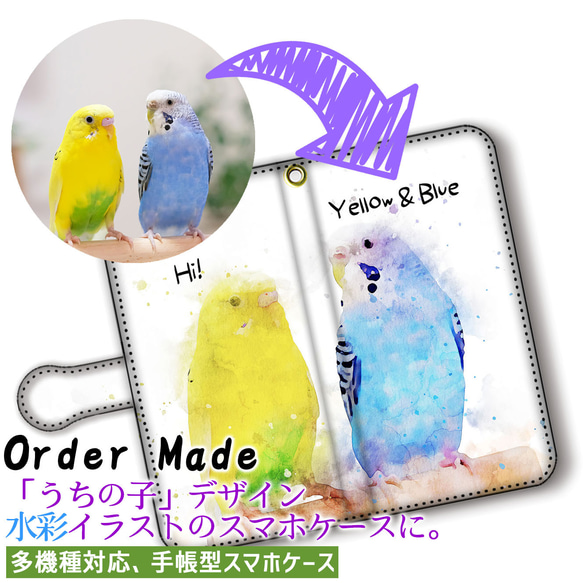 【オーダーメイド】 うちの子を手帳型スマホケースに ペット ☆水彩風☆ 犬 猫 鳥 爬虫類 名入れ art アート 絵画