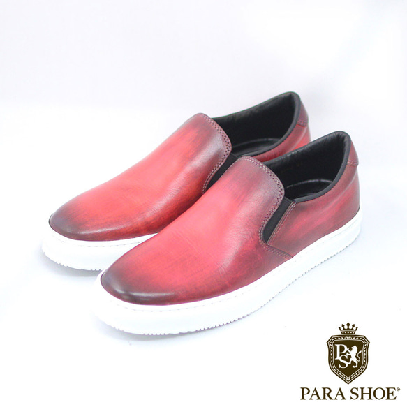 PARASHOE 本革スリッポンレザースニーカー カジュアルシューズ 赤 24.5～27cm (PMO1902-RED)