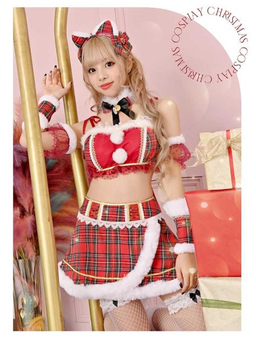 サンタ コスプレ ネコ サンタ クリスマス チェック リボン ミニ チョーカー 可愛い セクシー ギャル Ryuyu