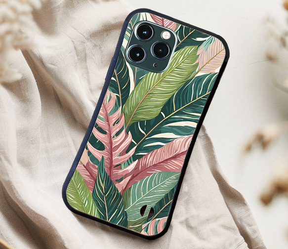 【耐衝撃ケース】BOTANICAL PINK＆GREEN iPhoneケース ボタニカル 観葉植物