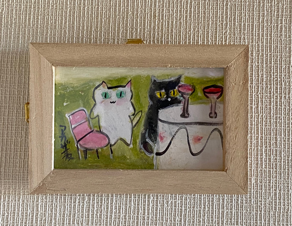 絵画。壁掛け原画手描き【白猫と黒猫の屋外ワインロマンチックなデート】