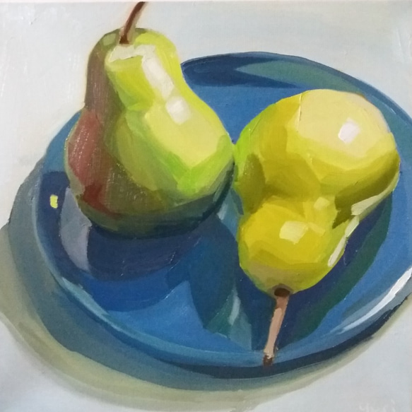 Two Bartlett Pears on Blue Plate