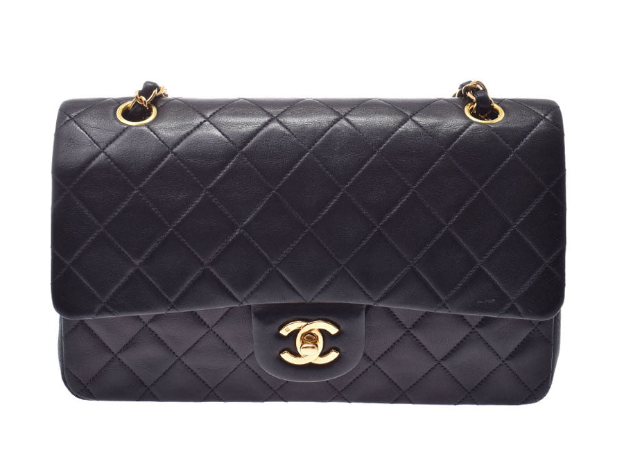 シャネル マトラッセ チェーンショルダーバッグ 25cm 二重蓋 黒 GP金具 レディース ラムスキン ABランク CHANEL ギャラ 中古 