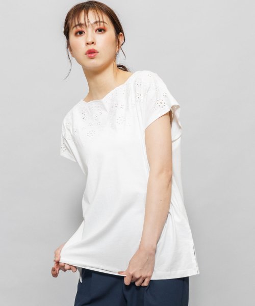 レース使いＴシャツ 花柄レース 綿100% ボートネック カットソー 半袖 M L トップス レディース