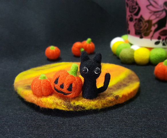 ハロウィンパーティーステージ 羊毛フェルトコースター【黒猫・かぼちゃ】