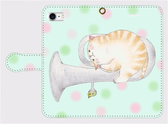 (iPhone用)ユーフォニアム猫の手帳型スマホケース【楽器ねこシリーズ】