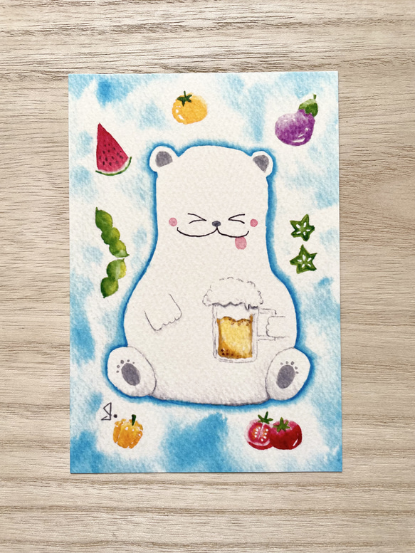 透明水彩画　3枚セット「ビールで乾杯」イラスト　ポストカード　シロクマ　しろくま　暑中見舞い　残暑見舞い　スイカ　夏