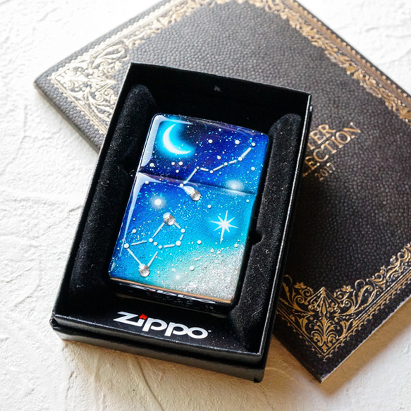 名入れ無料 ZIPPO 手描き オリオン座と北斗七星　ジッポ ライター ラインストーン 箱付き 銀箔