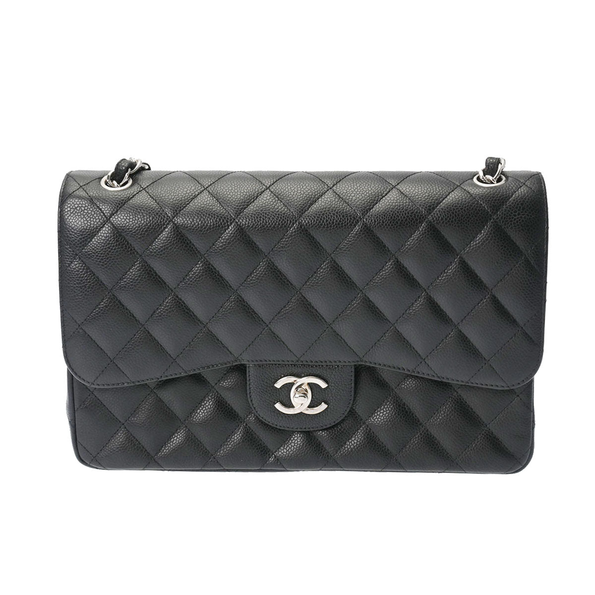 CHANEL シャネル マトラッセ Wフラップ チェーンショルダー 30cm 黒 シルバー金具 A58600 レディース キャビアスキン ショルダーバッグ Aランク 中古 