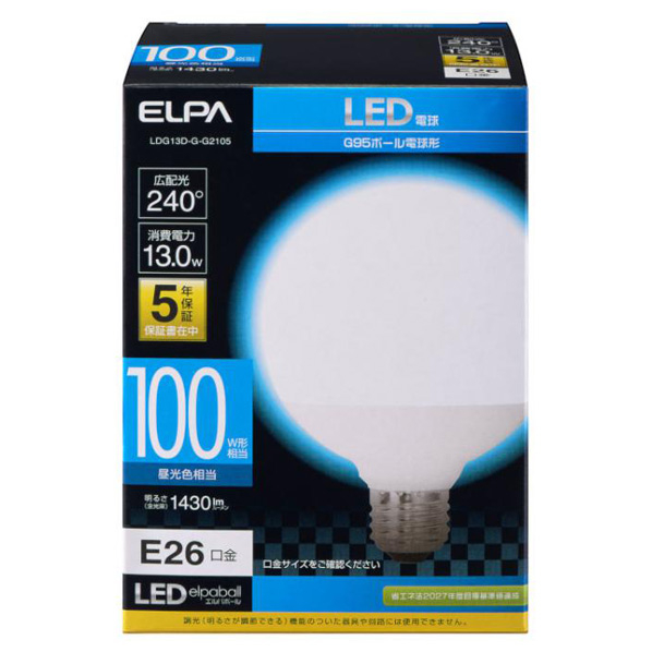 エルパ LED電球 E26口金 全光束1430lm(13．0W ボール球タイプ) 昼光色相当 LDG13D-G-G2105