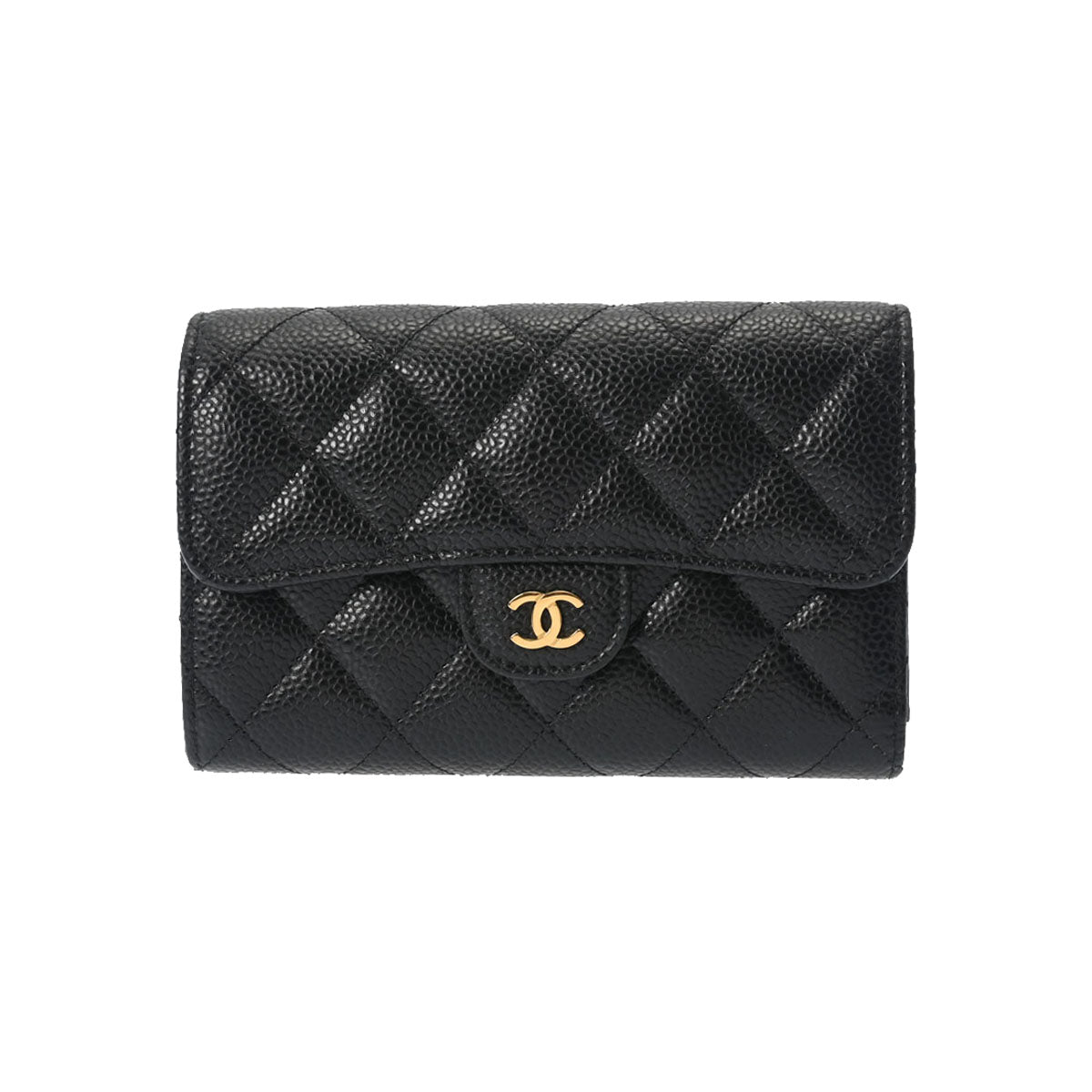 CHANEL シャネル マトラッセ 黒 ゴールド金具 レディース キャビアスキン 三つ折り財布 Aランク 中古 