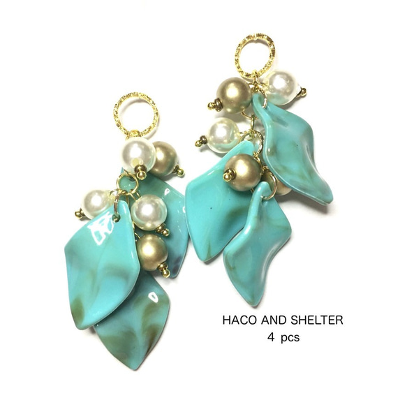 4pcs★leaf marble tassel・smokey turquoise（アクリルビジューチャーム）