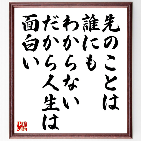 名言「先のことは誰にもわからない、だから人生は面白い」額付き書道色紙／受注後直筆（V1104）