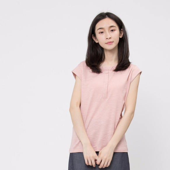 Henley Cotton Cap Sleeve T-shirt /Pink