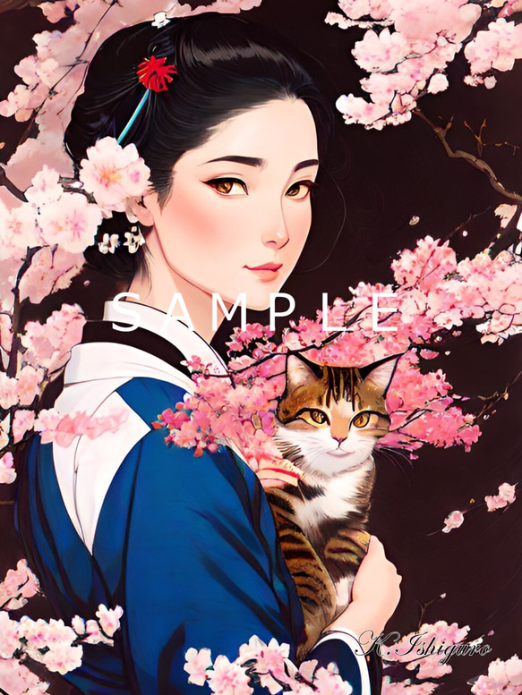 猫と女性と桜(オリジナルイラスト)A4額付き　№s-4333