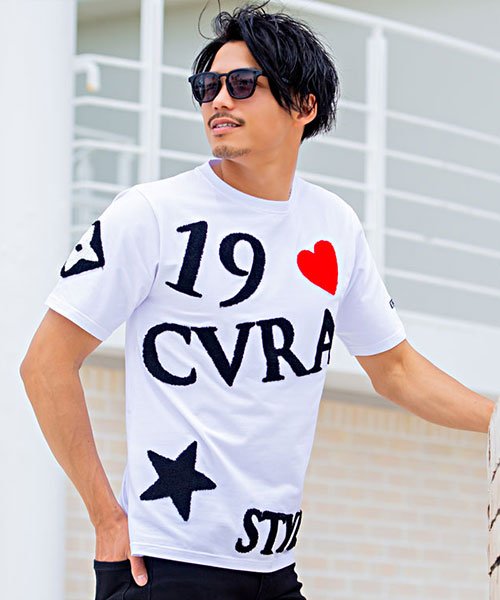 C.V.R.A ラバーワッペン付きサガラ刺繍クルーネック半袖Tシャツ メンズ ブランド 半袖 刺繍 ラバー プリント ロゴ サガラ ワッペン クルーネック 【B