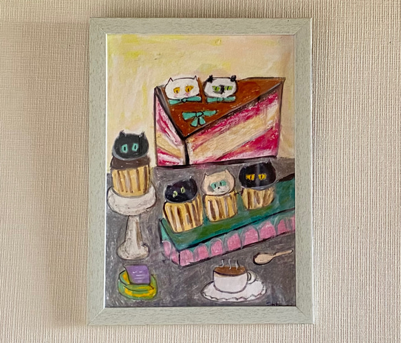 絵画。壁掛け原画【Cute cat cake】0 1