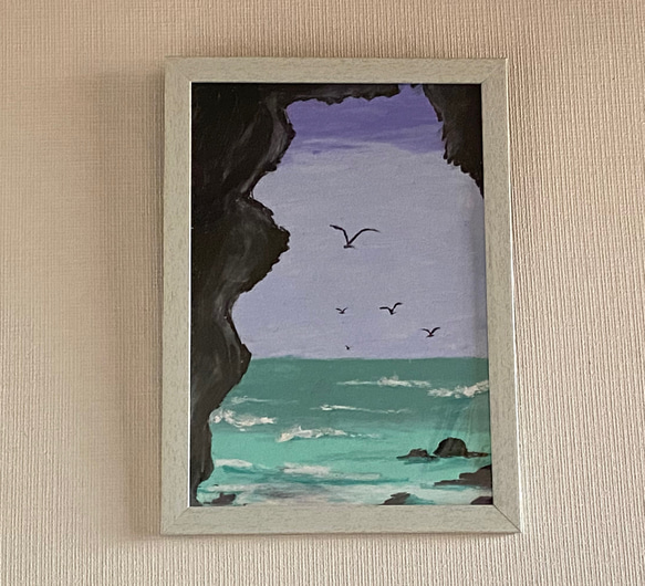 絵画。原画壁掛け【美しい沖縄の海、カモメと波が美しい歌声】