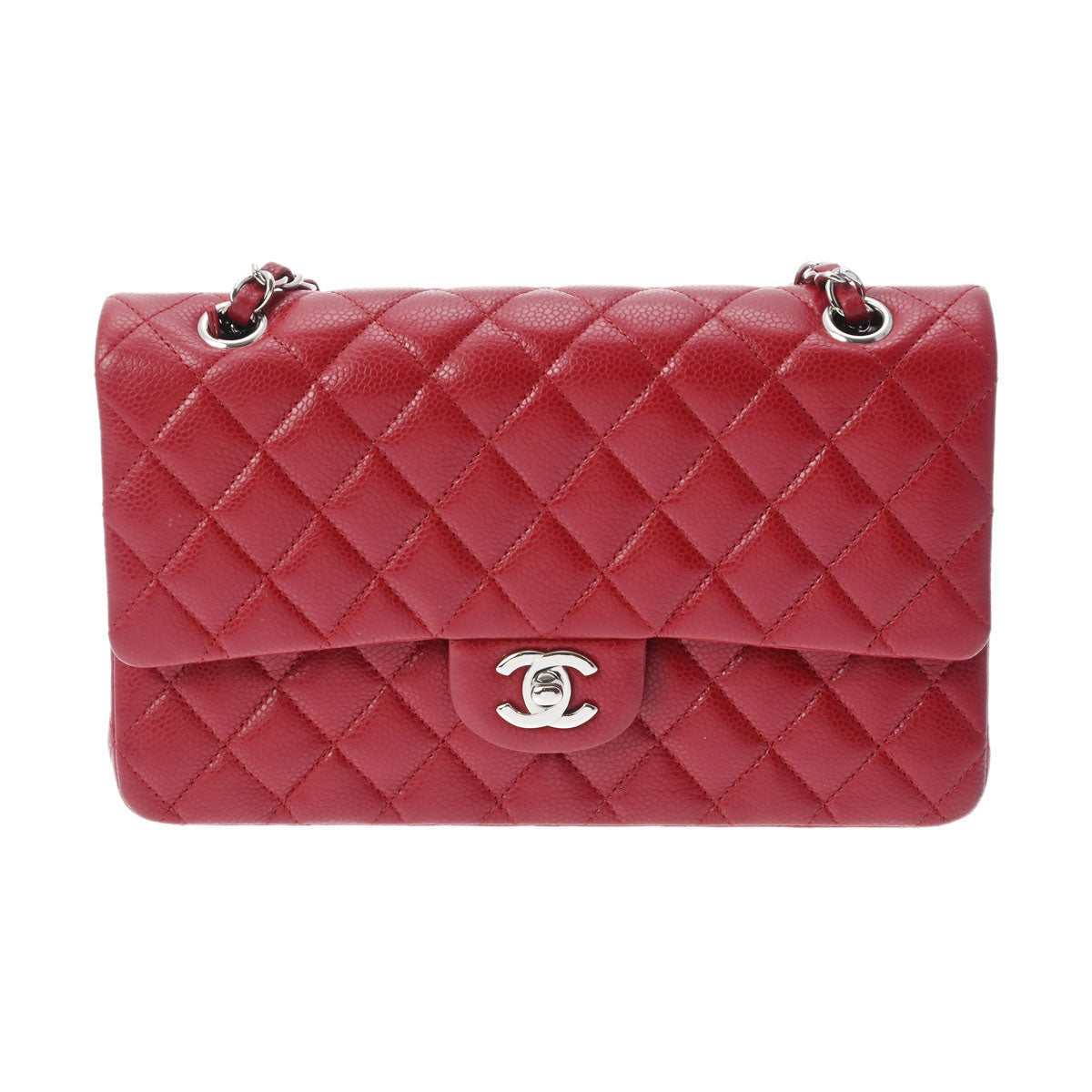 CHANEL シャネル マトラッセ Wフラップ チェーンショルダー 25cm 赤 シルバー金具 A01112 レディース キャビアスキン ショルダーバッグ ABランク 中古 