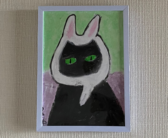 絵画 。原画【ウサギの帽子をかぶったかわいい黒猫】