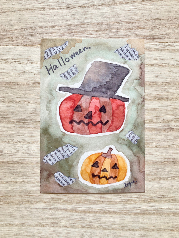 透明水彩画　3枚セット「ハロウィンかぼちゃ」北欧水彩画イラストポストカード　ハロウィン　ハロウィンカード　カボチャ