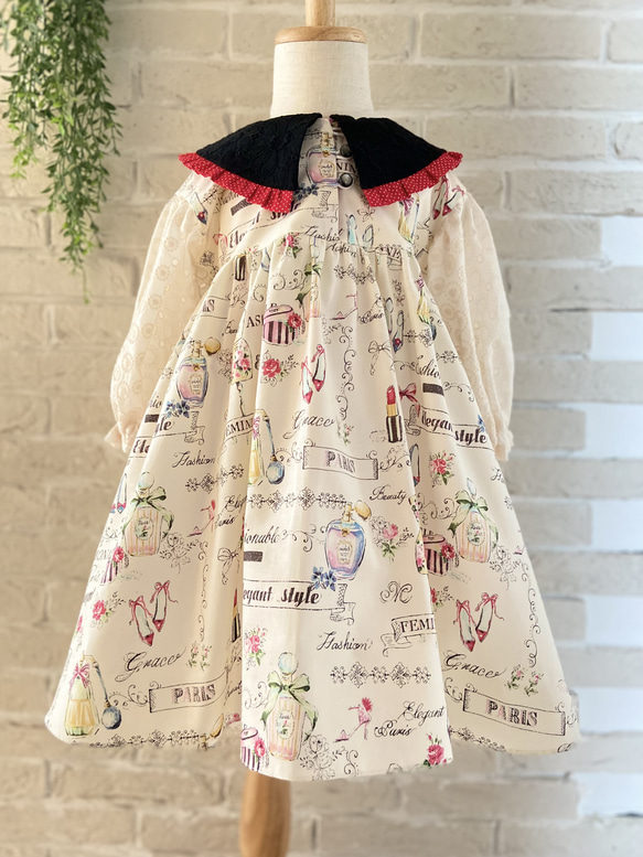 子供服　香水柄＆刺繍生地　Perfume ステンカラージョリーワンピース　90サイズ　女の子　女の子服