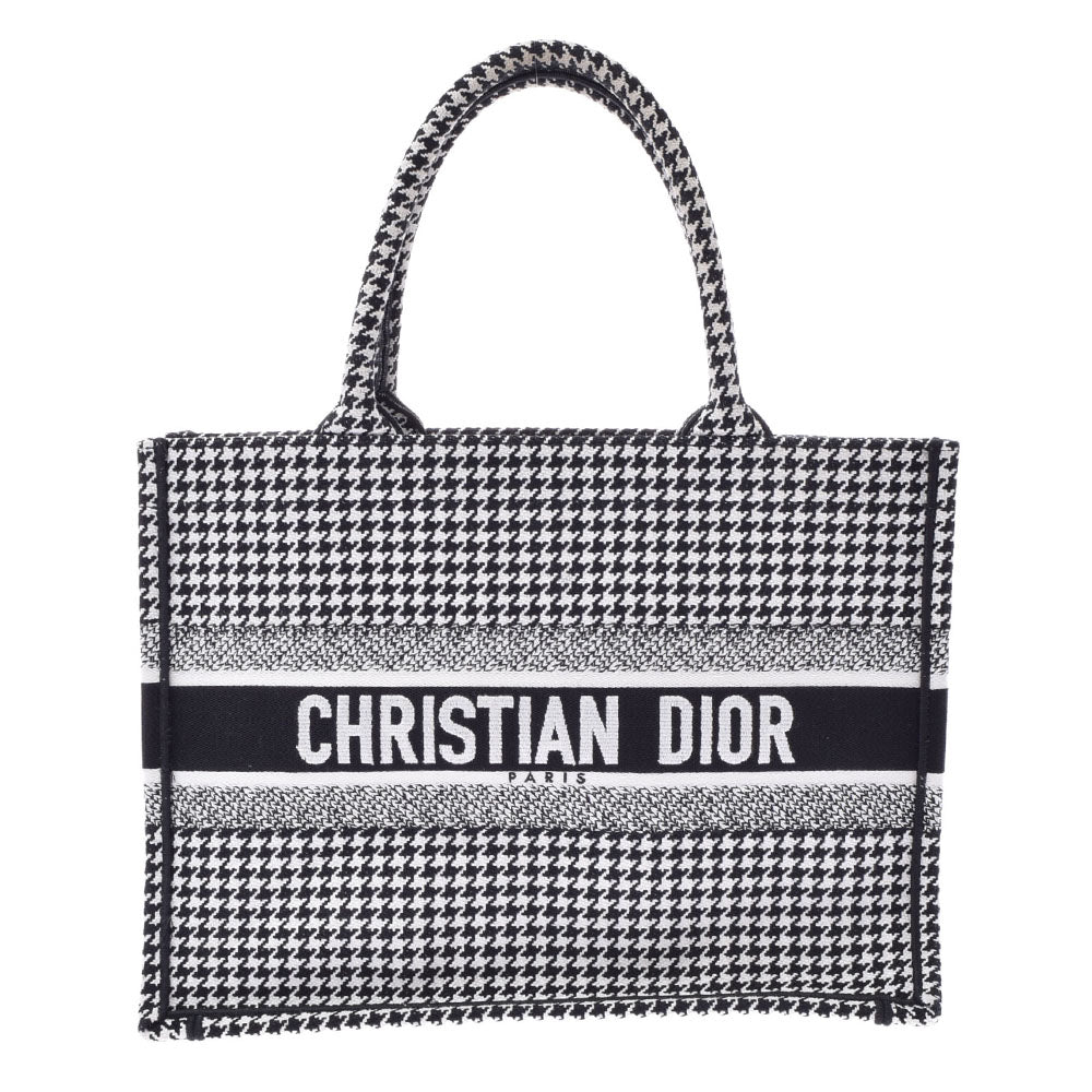 CHRISTIAN DIOR クリスチャンディオール ブックトートバッグ スモール ハウンドトゥース エンブロイダリー 白/黒 レディース キャンバス ハンドバッグ Aランク 中古 