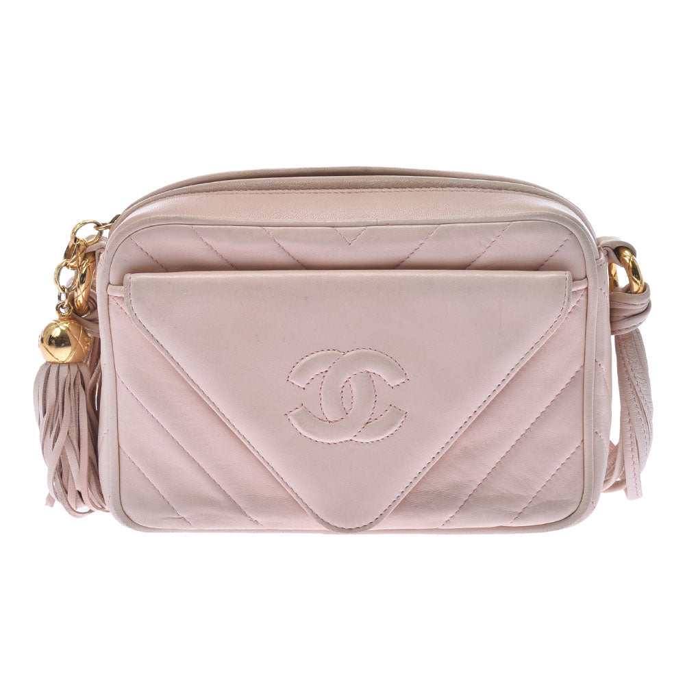 CHANEL シャネル Vステッチ フリンジ ピンク ゴールド金具 レディース ラムスキン ショルダーバッグ Bランク 中古 