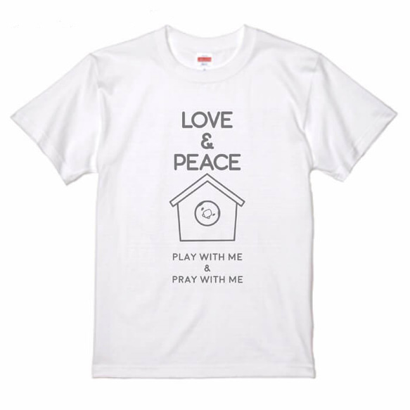 文鳥Tシャツ ＃115 LOVE & PEACE ホワイト×グレー【受注生産】