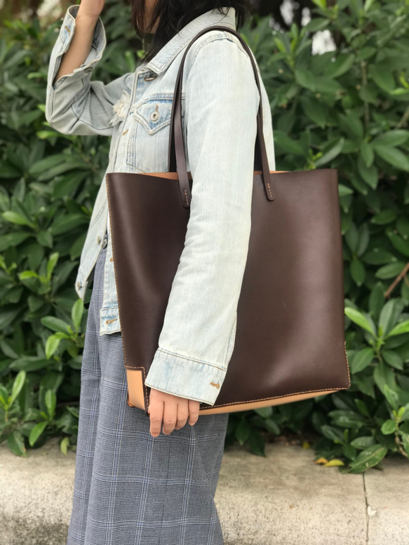 Zemoneni leather big tote bag 手縫い ハンドバッグ Cafe de Latte