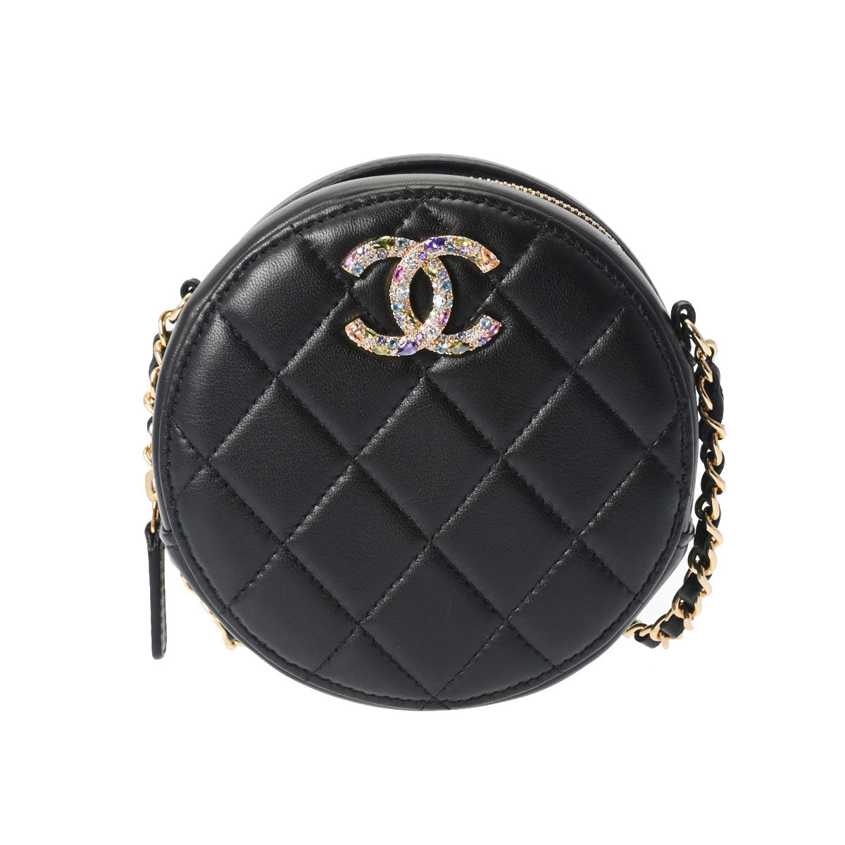 CHANEL シャネル ラウンド チェーンショルダー 黒 ゴールド金具 レディース ラムスキン ショルダーバッグ Aランク 中古 