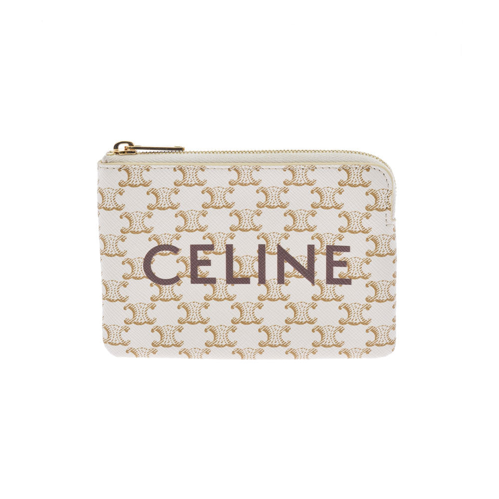 CELINE セリーヌ カードホルダー ホワイト ゴールド金具 レディース トリオンフキャンバス コインケース Aランク 中古 