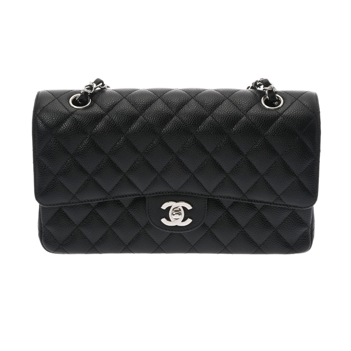 CHANEL シャネル マトラッセ Wフラップ チェーンショルダー 25cm ブラック シルバー金具 A01112 レディース キャビアスキン ショルダーバッグ Aランク 中古 