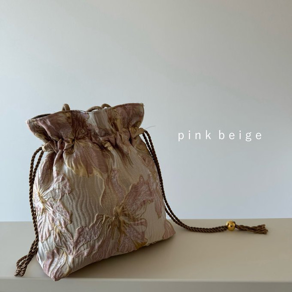 pink beige 巾着バッグ