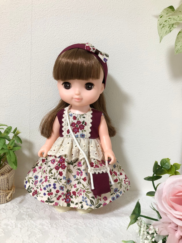 ワインカラー小花柄ワンピース３点セット☆26cmドール服＊ ソランちゃん服　レミンちゃん服　コルネちゃん服