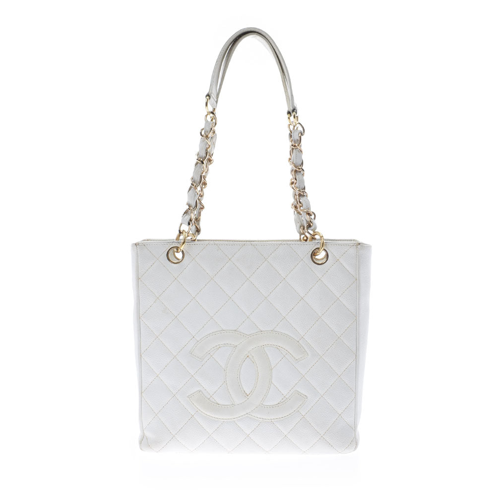 CHANEL シャネル マトラッセ PST プチショッピングトート 白 ゴールド金具 レディース キャビアスキン トートバッグ Bランク 中古 