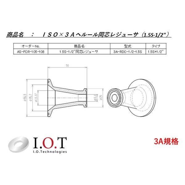 アイ・オー・テクノロジーズ 1.5S-1/2インチ　同心ヘルールレジューサ　3A-RDC-1/2-1.5S　1個（直送品）