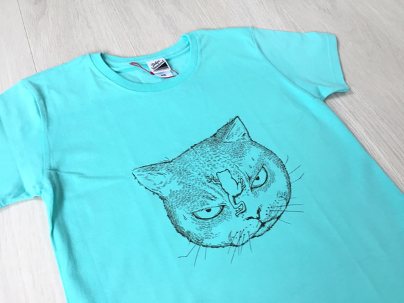 残り１点　スリムTシャツ　「カエルネコ」　アクア(M)