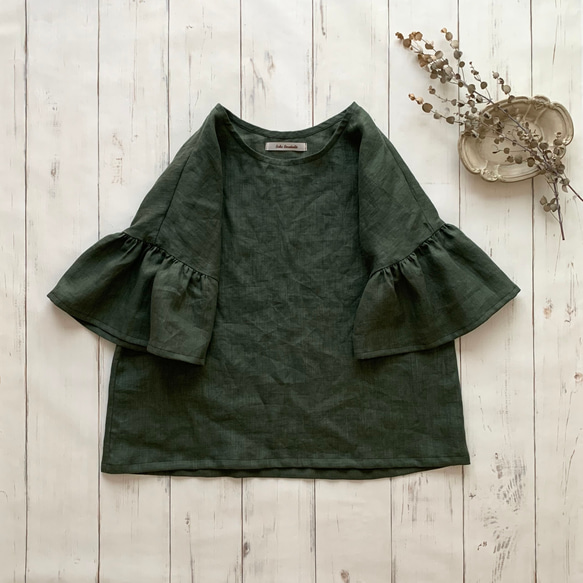 【新作・3日以内に発送】限定:フレア袖ブラウス 五分袖　European linen100% *forest green